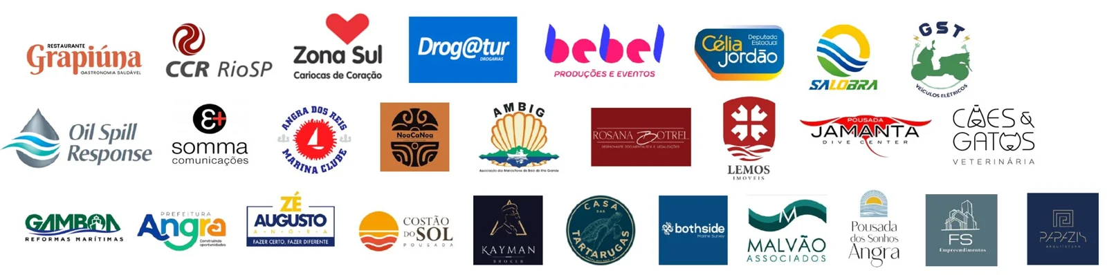 Logos de clientes do MAR.KT: Motiva (antiga CCR), Oil Spill Response, C&A, Prefeitura de Angra, Marina Clube Angra dos Reis, Bebel Produções, GST Veículos Elétricos, Casa das Tartarugas, Pousada dos Sonhos, Zona Sul, Grapiúna, FS Empreendimentos, Somma Comunicações, Papazin Arquitetura, Costão do Sol, Ame Mais Angra