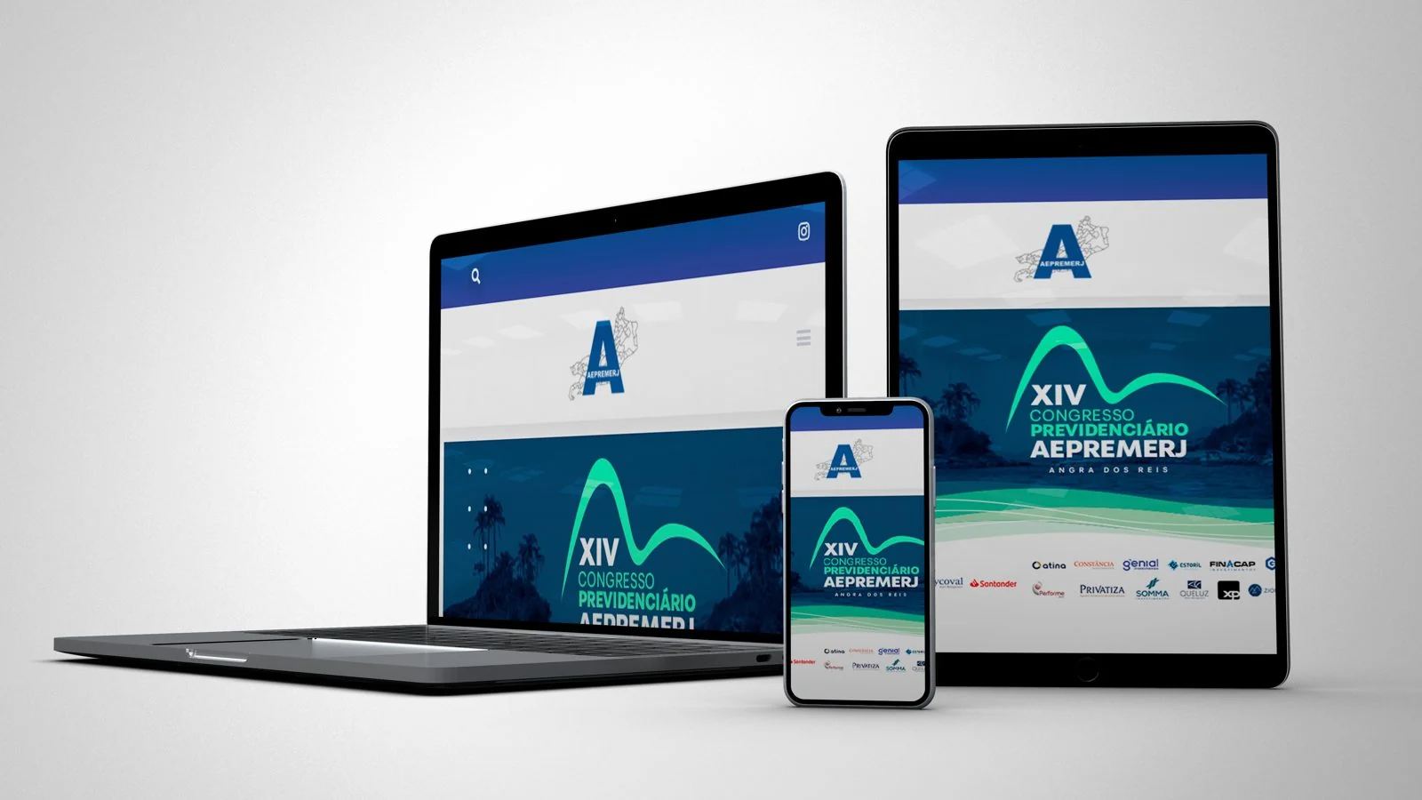 Site da AEPREMERJ exibido em notebook, tablet e celular